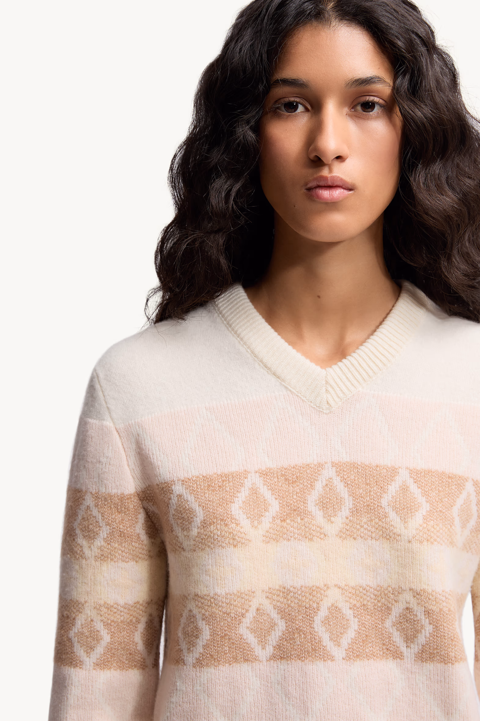 Rhombus Pattern Wool V-Neck Sweater Women White & Pink Moncler 6